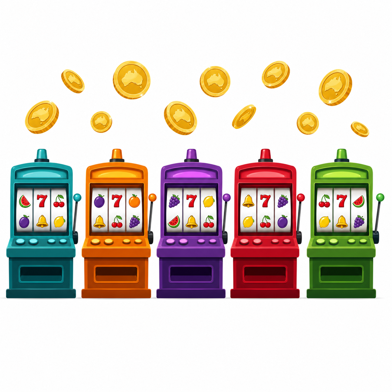 Five colourful pokie machines with floating AUD coins